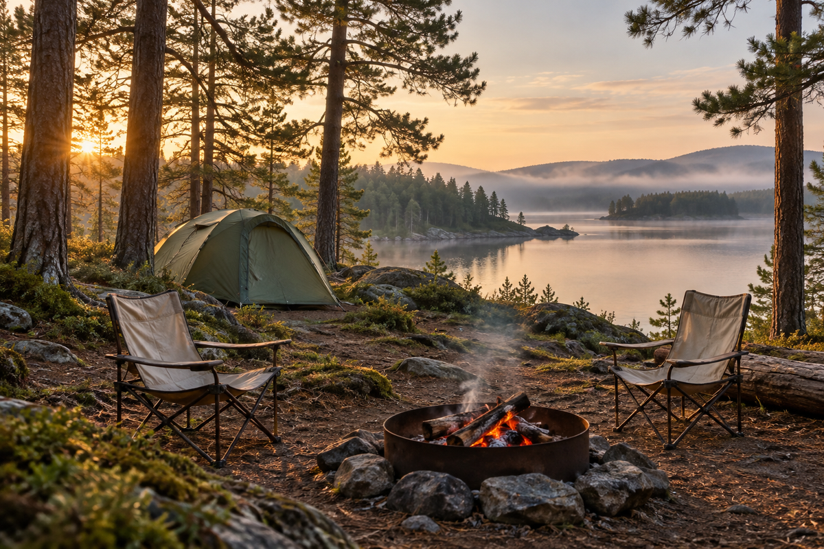 Generated scene of a tent and campfire beside a wooded lake at dawn.