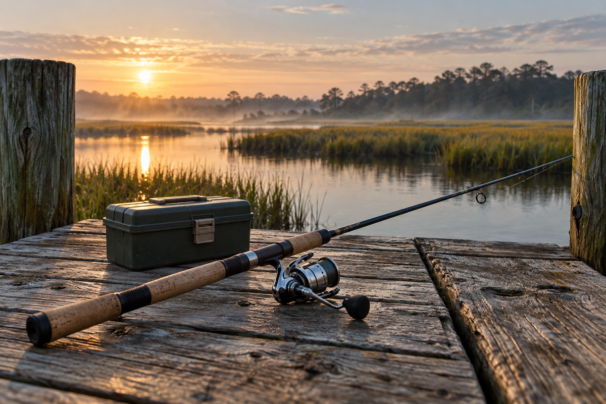 Generated scene of fishing gear on a dock beside a tidal creek at dawn.