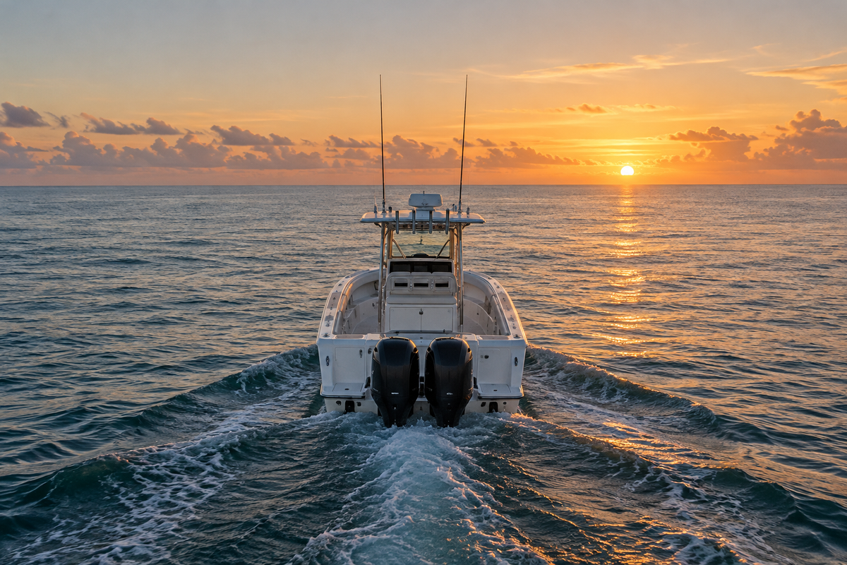 Generated scene of a center-console fishing boat on open water at dawn.