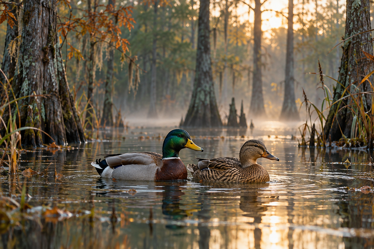 Generated scene of a pair of mallards in a flooded woodland marsh.