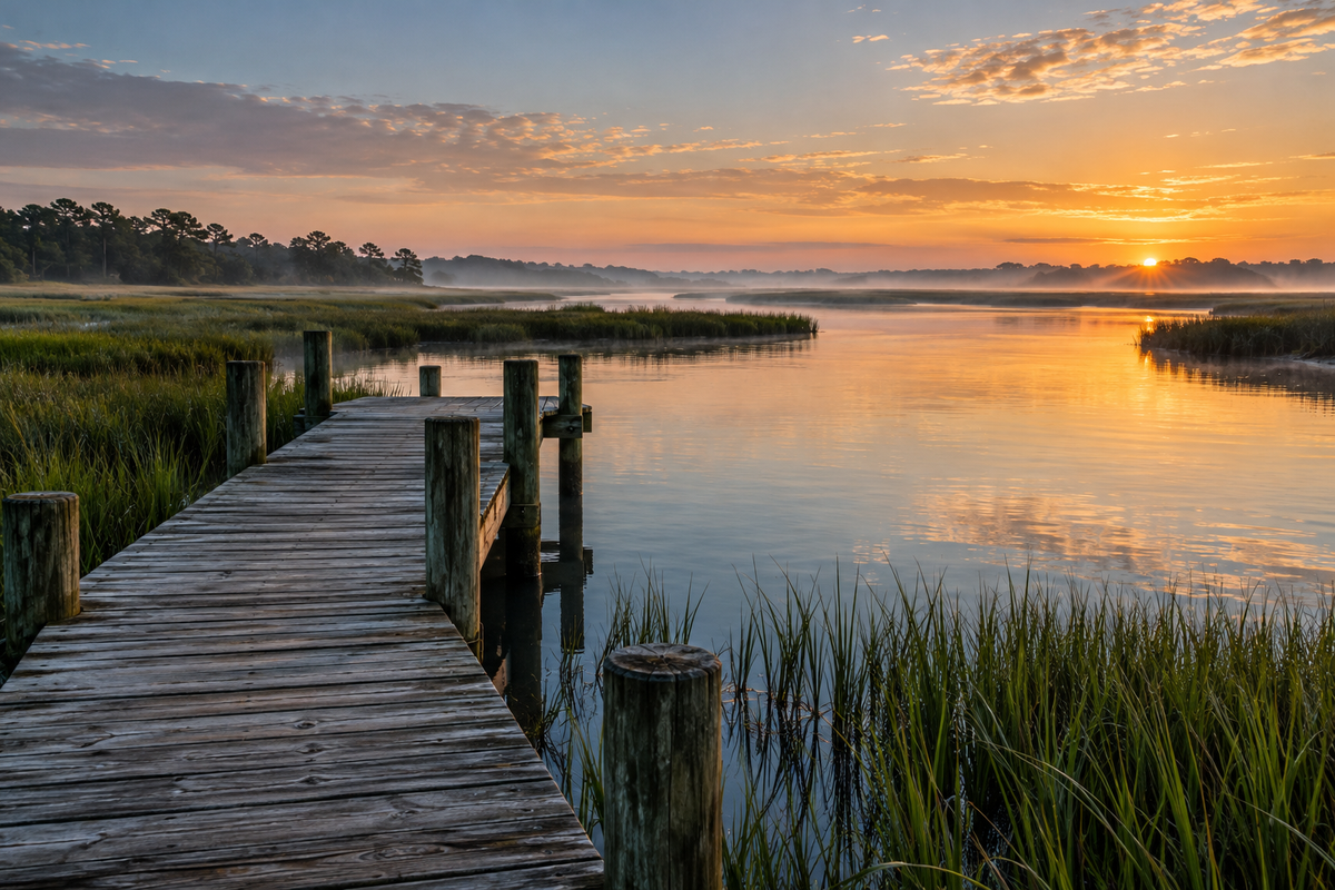 Generated coastal dawn scene with a weathered dock, salt marsh grasses, and calm tidal water.